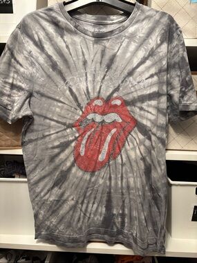 the Rolling Stones Gray Tie-Dye Tee with Red Tongue Graphic